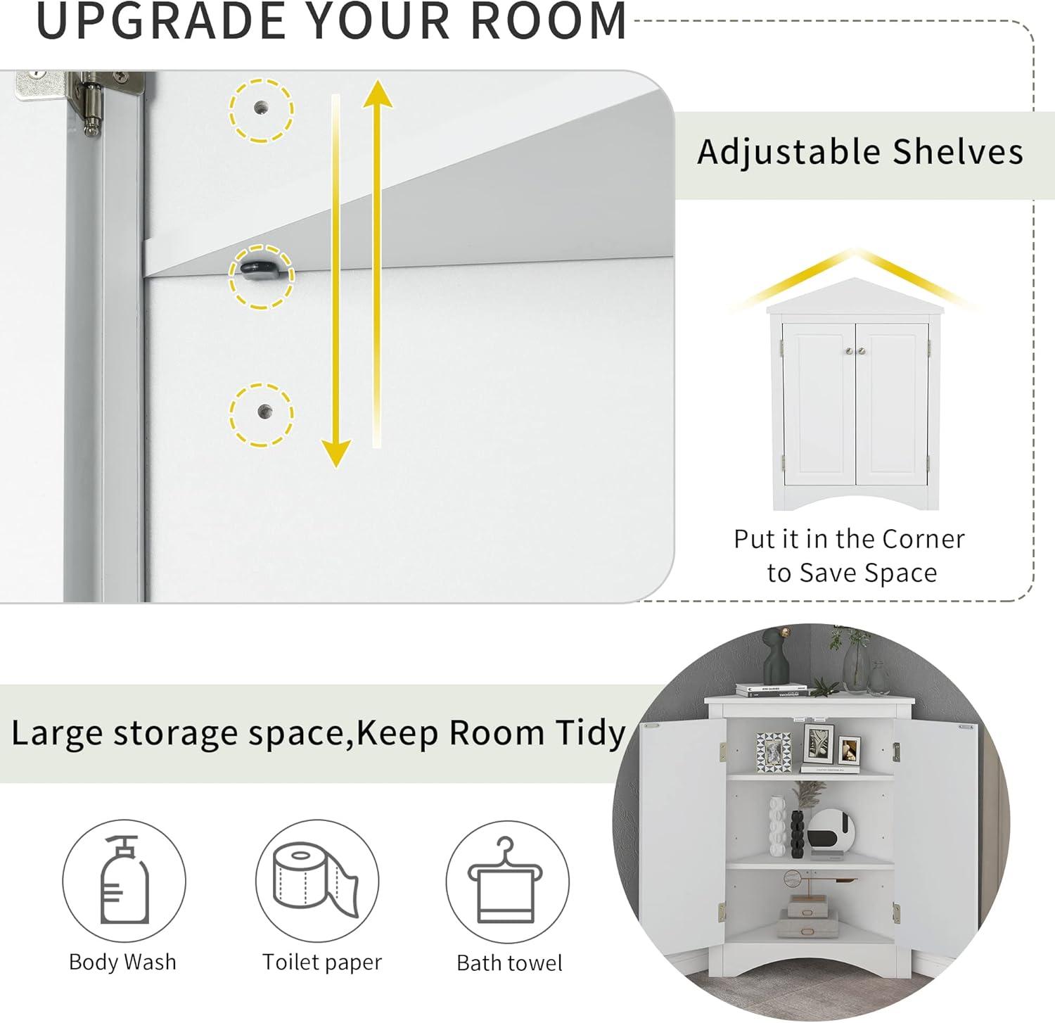 Yardmaster Bathroom Storage Cabinet, Corner Cabinet with 2 Doors and Adjustable Shelves, Freestanding Corner Storage Cabinet for Bathroom, Kitchen, Living Room, White