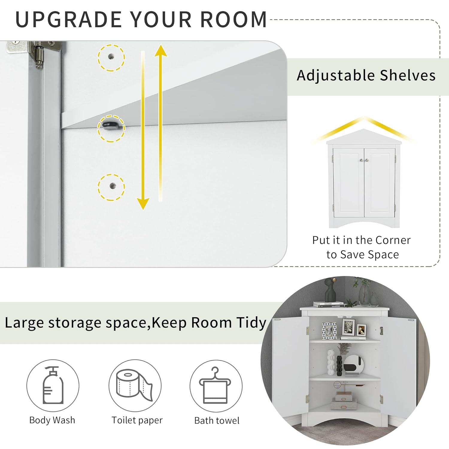 Yardmaster Bathroom Storage Cabinet, Corner Cabinet with 2 Doors and Adjustable Shelves, Freestanding Corner Storage Cabinet for Bathroom, Kitchen, Living Room, White