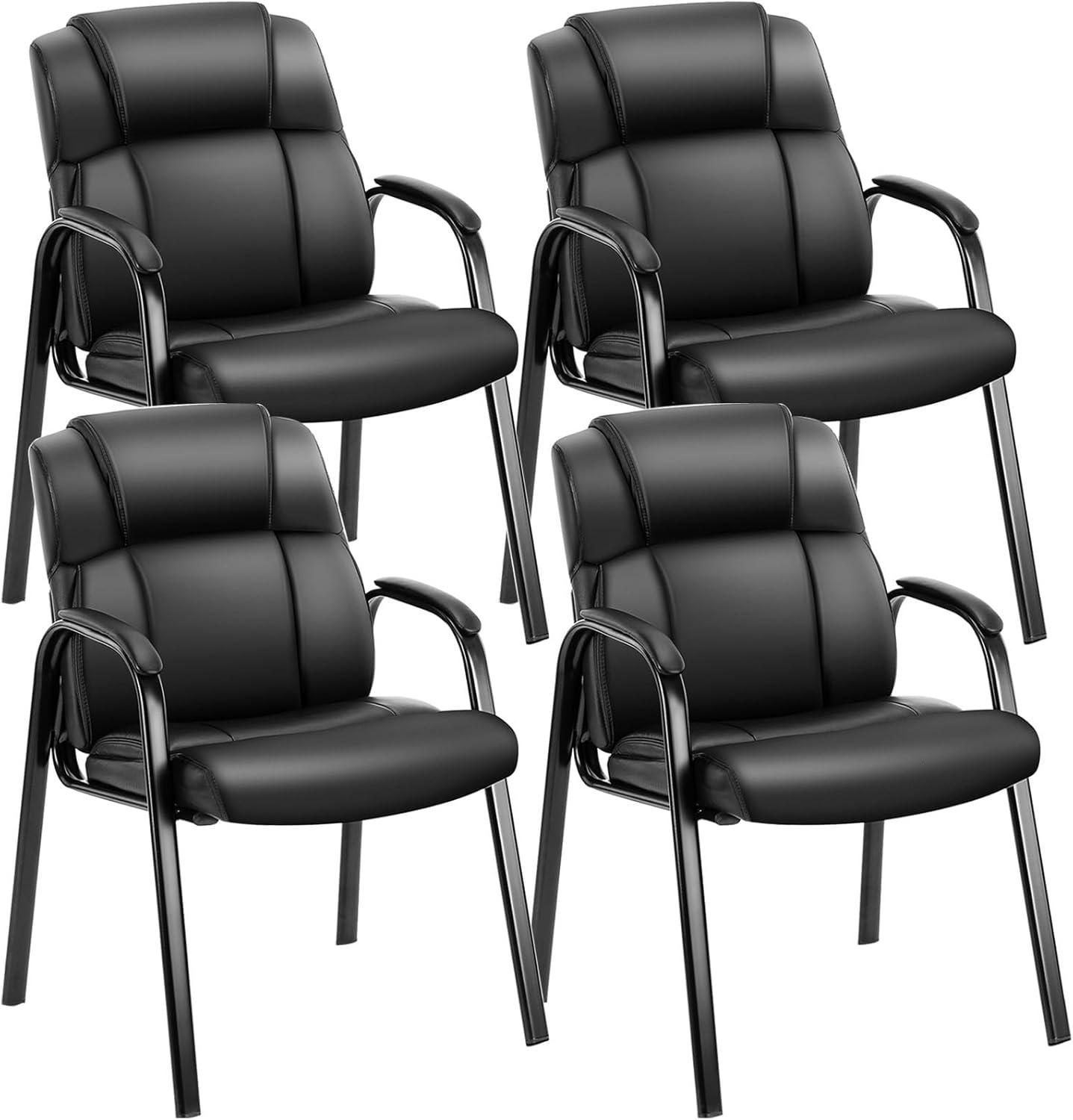 Black Leather and Metal Reception Chairs with Padded Arms, 4 Pack