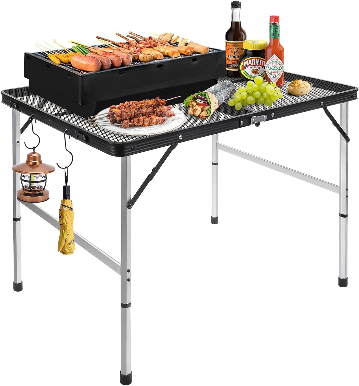 Black Adjustable Height Folding Grill Table with Metal Mesh