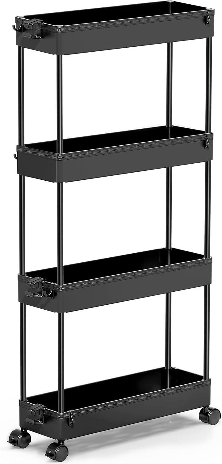 Black 4-Tier Rolling Storage Cart with Adjustable Shelves