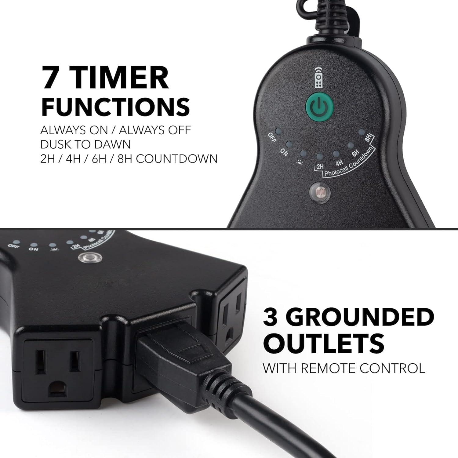 BN-LINK Outdoor 24-Hour Water Resistant Photoelectric Countdown Timer Photocell Light Sensor (2, 4, 6 or 8 Hours Countdown Mode) 3 Grounded Outlets Remote Control (100 ft Range) for Home and Garden