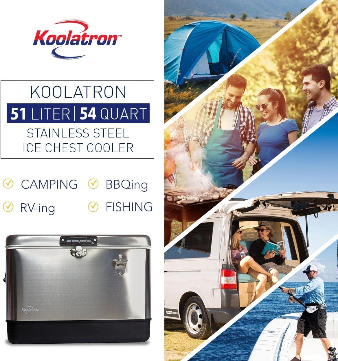 Koolatron Stainless Steel Ice Chest Beverage Cooler with Bottle Opener 51 L / 54 Quart 85 Can Capacity for Camping, Beach, RV, BBQs, Tailgating, Fishing