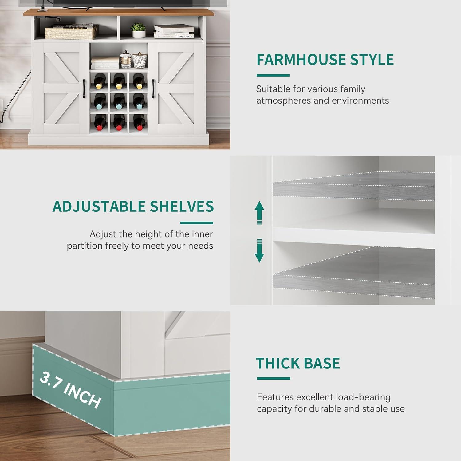 YITAHOME Farmhouse Sideboard Buffet Cabinet with Floating Shelves, 47" Coffee Bar Cabinet with 2 Barn Doors & Power Outlet, Storage Cabinet for Kitchen, Living Room (White)