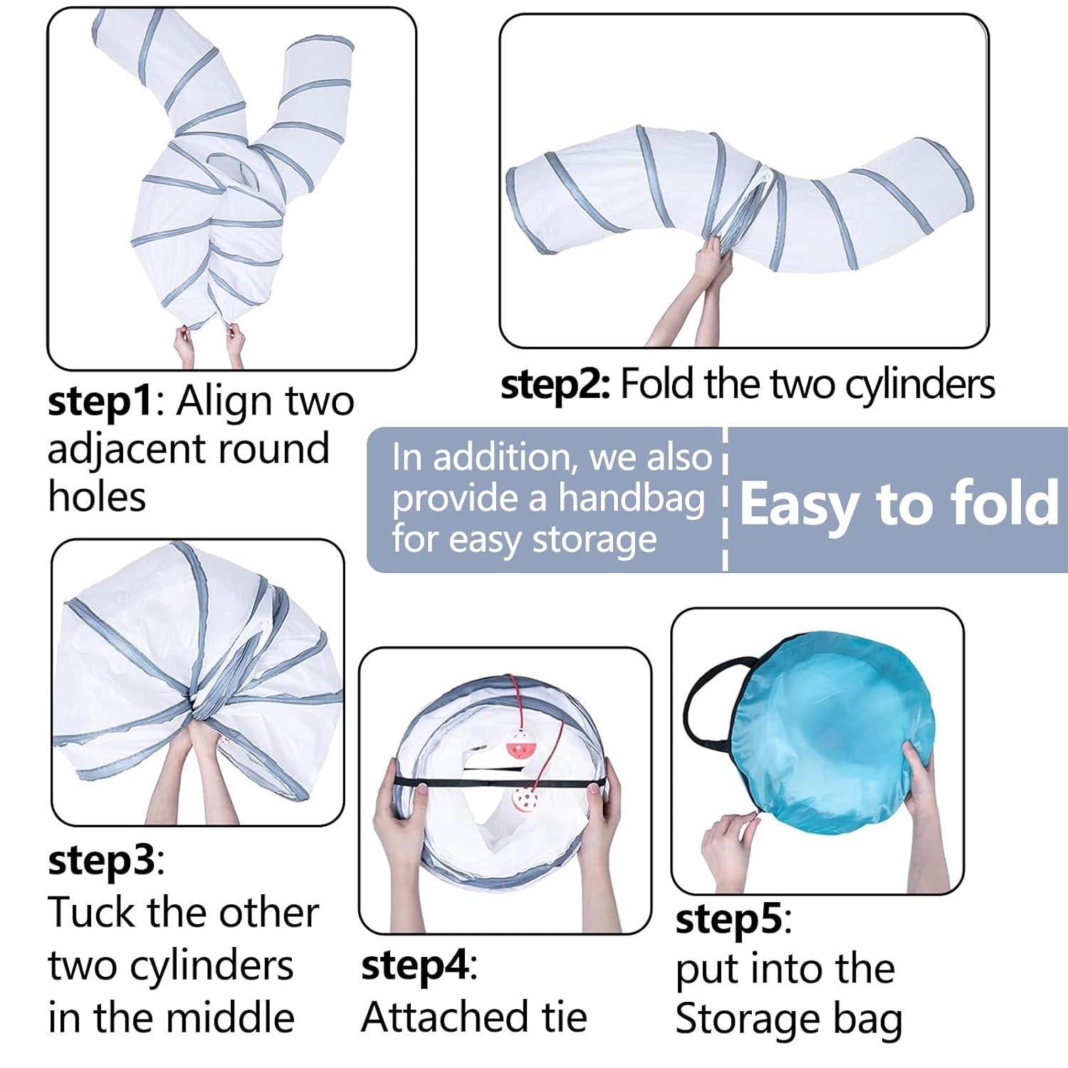 EGETOTA Cat Tunnel for Indoor Cats Large, with Play Ball S-Shape 4 Way Collapsible Interactive Peek Hole Pet Tube Toys, Puppy, Kitty, Kitten, Rabbit (S4 - White & Grey)