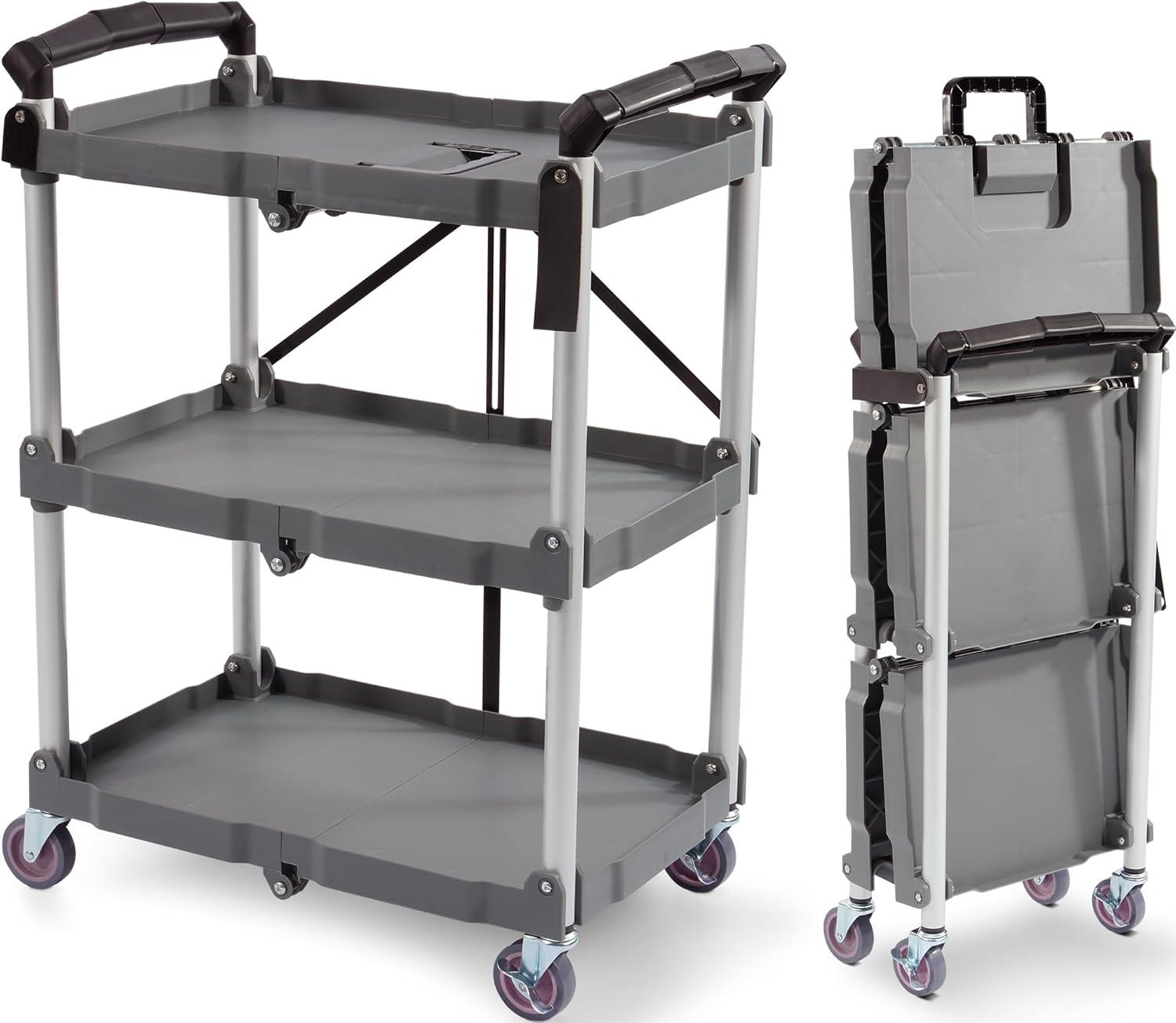 Elevon Aluminum Service Push Cart Portable Utility 3 Tier Collapsible Shelving Unit with Wheels for Home Office Organization, Gray