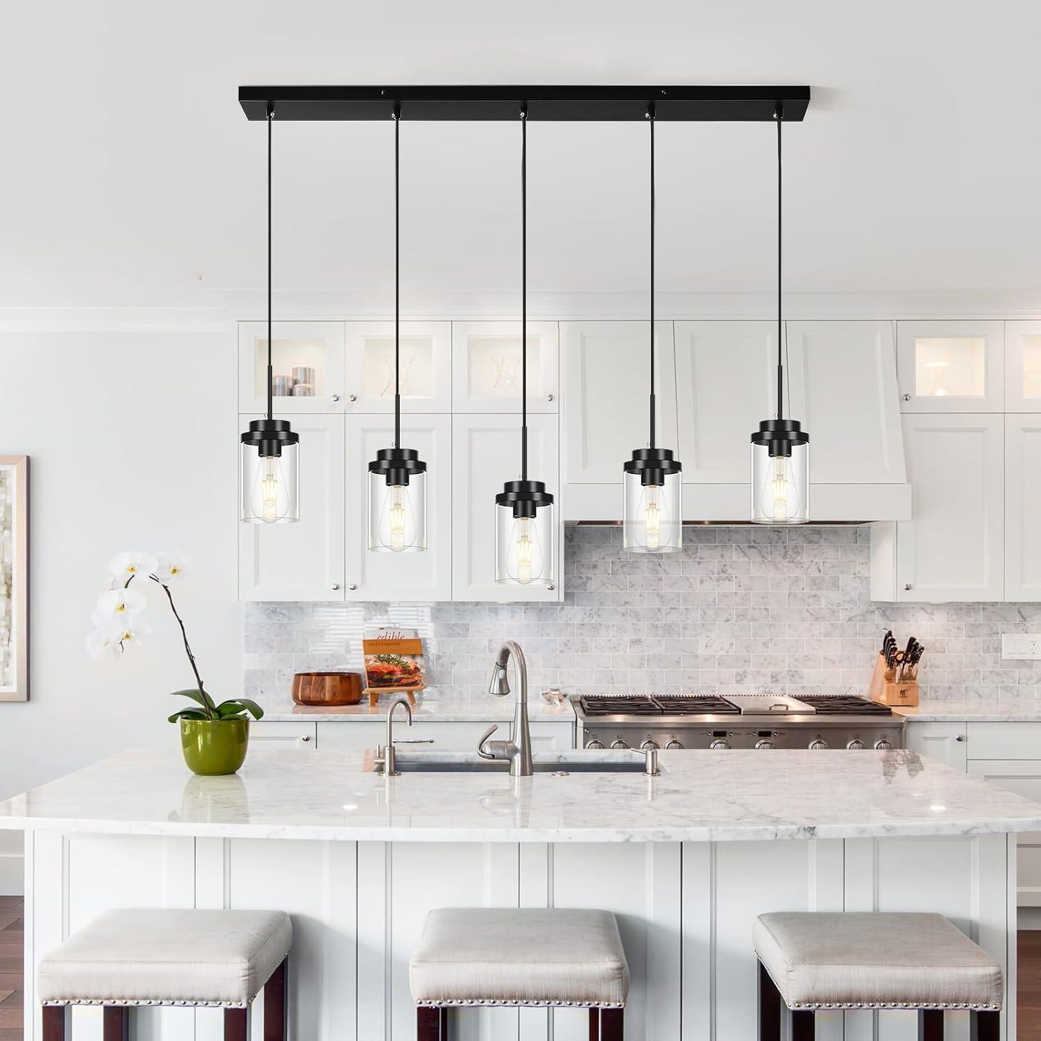 Black Metal and Clear Glass 5-Light Linear Chandelier