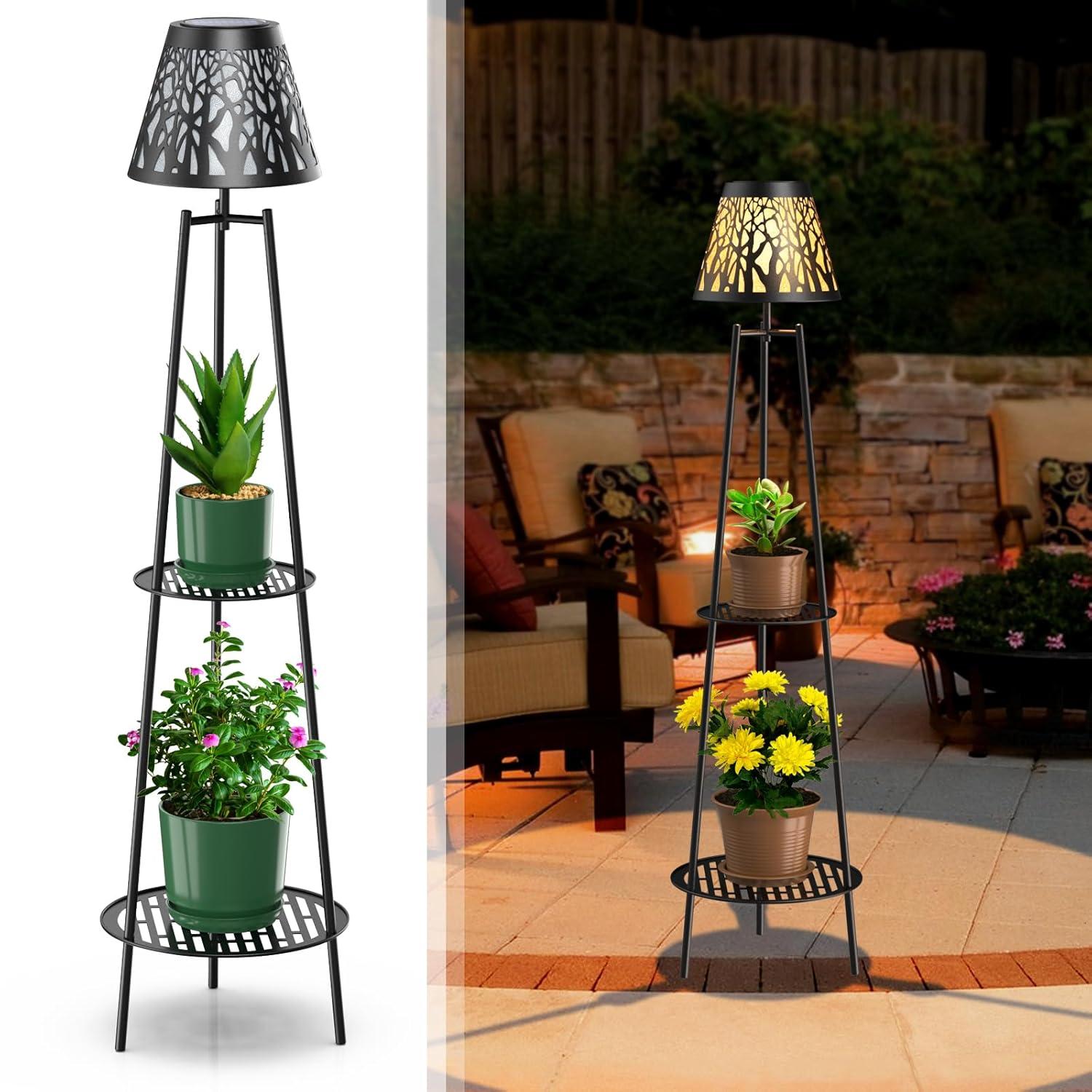 2 Pack 45.5'' Outdoor Floor Lamps with 2 Tier Plant Stand, Solar Powered Metal Waterproof Lights for Patio Deck Yard Garden Porch Decor