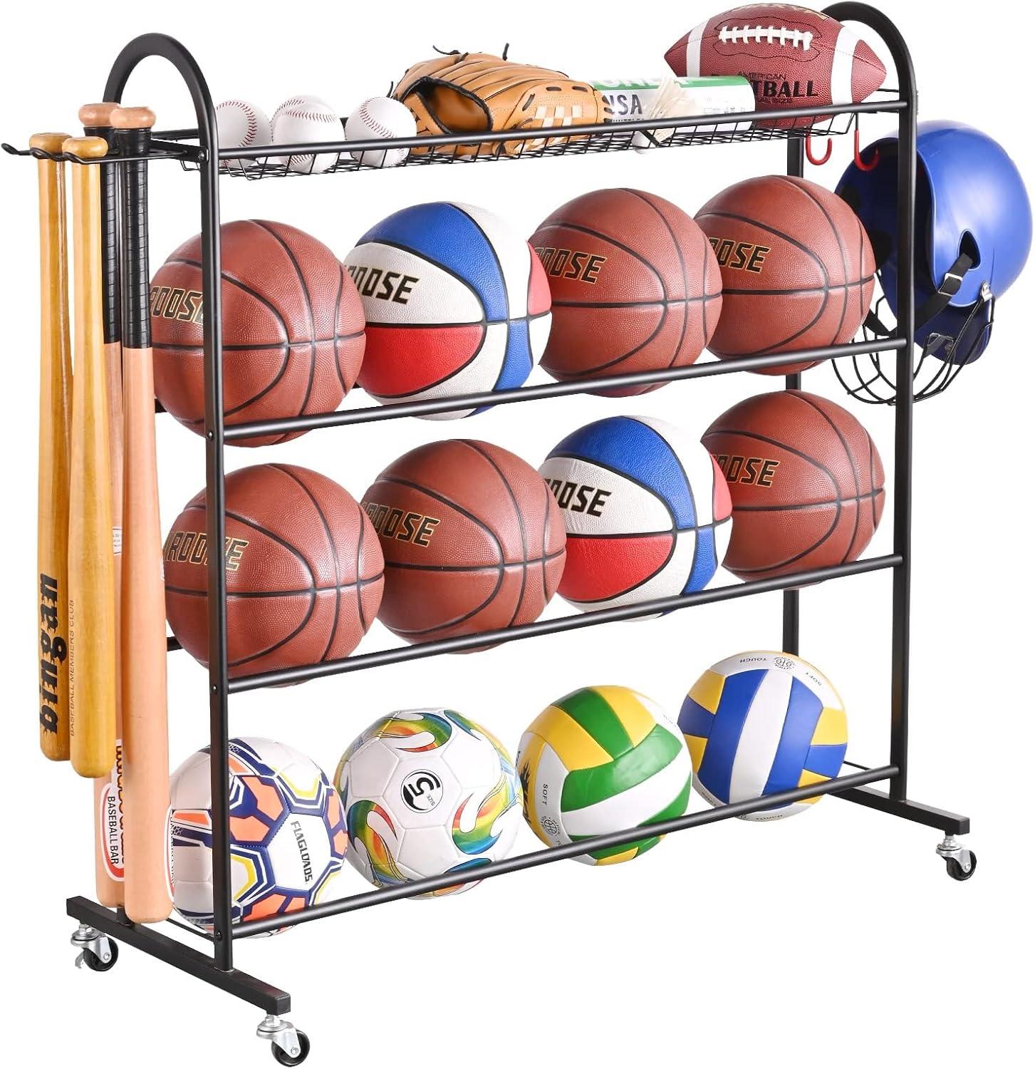 4-Layer Sports Equipment Storage Rack With Baseball Bat Holder, 3 Hooks, And Portable Design For Garage, Home, Gym, School