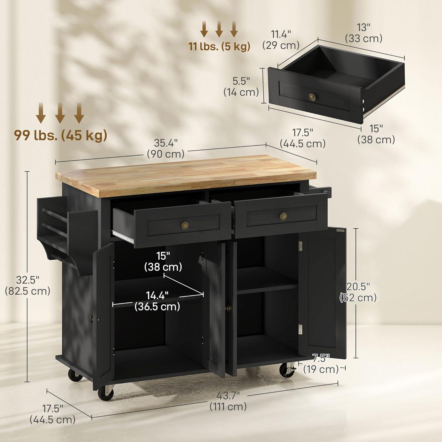 HOMCOM Kitchen Island on Wheels, Rolling Cart with Rubber Wood Top, Spice Rack, Towel Rack & Drawers for Dining Room, Black