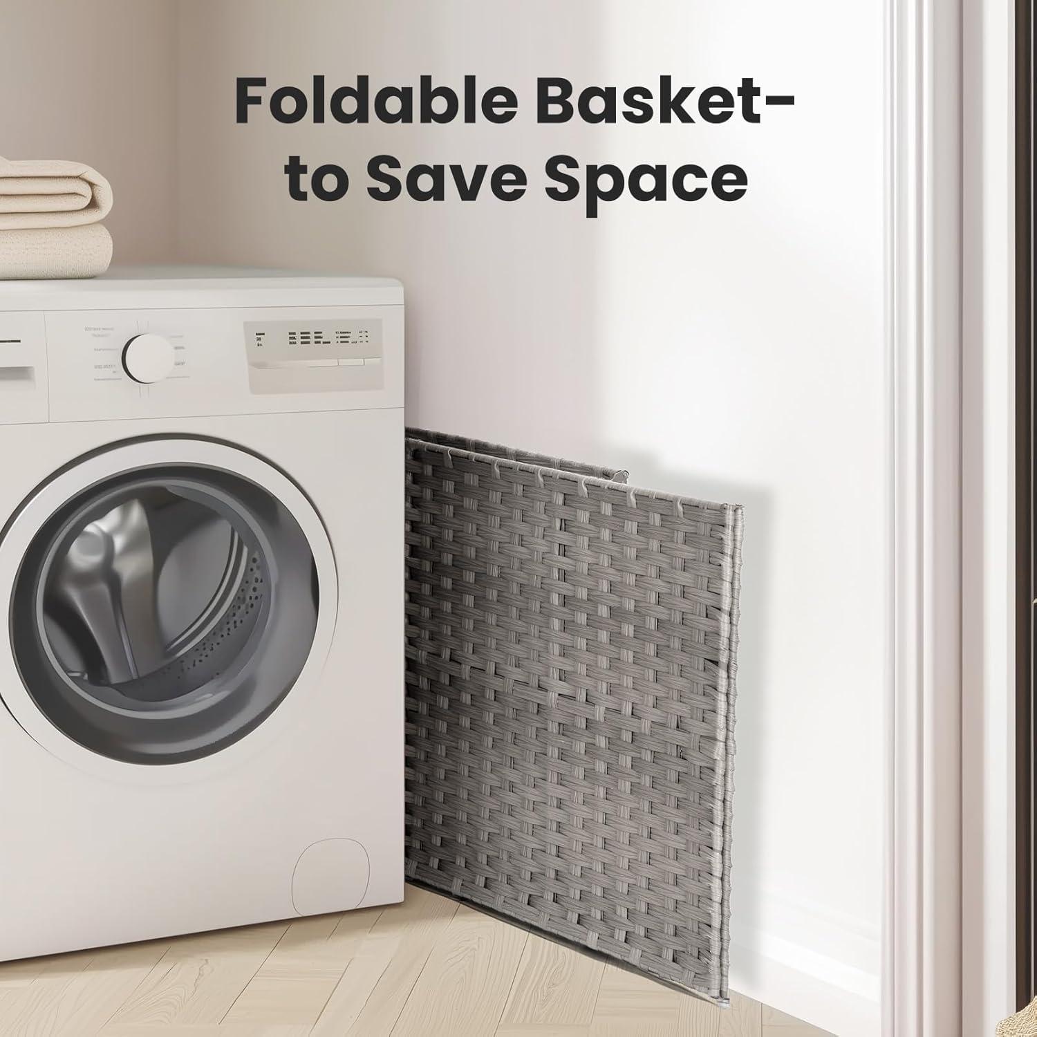 ZUNMOS Laundry Hamper, No Installation Required, with Removable Liner, 90 Liter Hand-Woven Synthetic Rattan Laundry Hamper with Lid and Handle, Collapsible, Gray