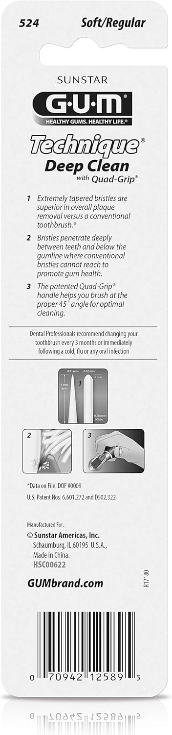 GUM Technique Deep Clean Toothbrush - Full Head - Soft Toothbrushes for Adults -Soft, Ultra Fine Tapered Bristles, Recommended by Dental Professionals, 2 Count