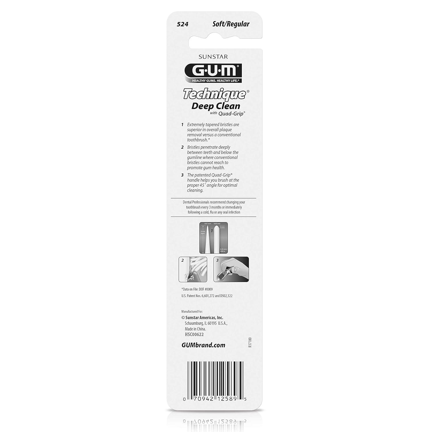 GUM Technique Deep Clean Toothbrush - Full Head - Soft Toothbrushes for Adults -Soft, Ultra Fine Tapered Bristles, Recommended by Dental Professionals, 2 Count