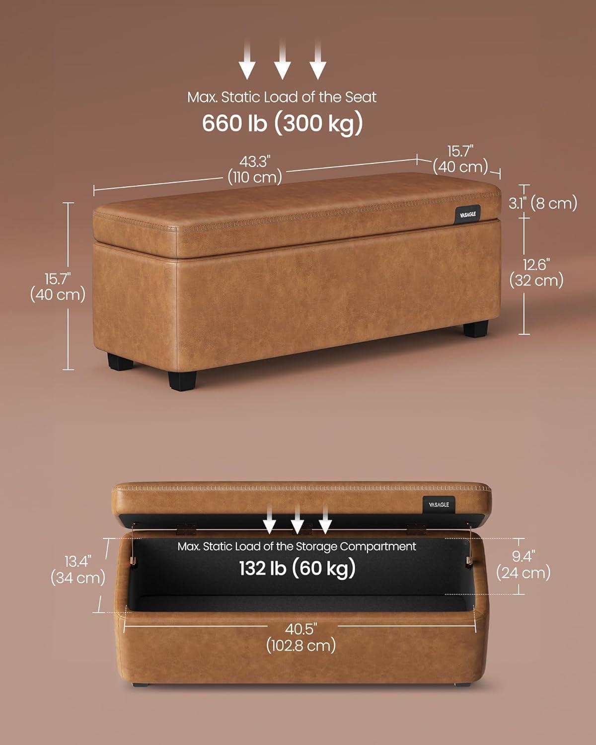 Caramel Brown Synthetic Leather Storage Ottoman Bench