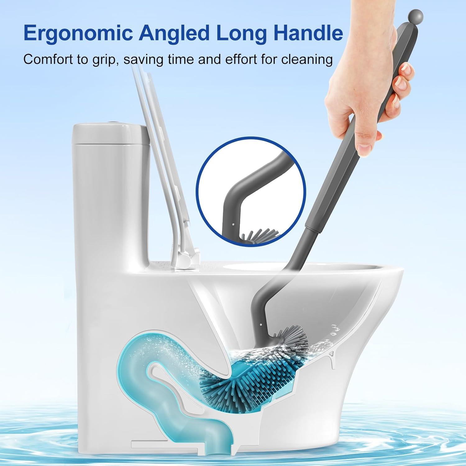 Toilet Bowl Brush Holder Set: Bathroom Deep Cleaning Toilet Cleaner Scrubber Under Rim with Curved Bristle for Dead Corner Clean - Hidden Rv Toilet Decorative Accessories with Caddy- Gray