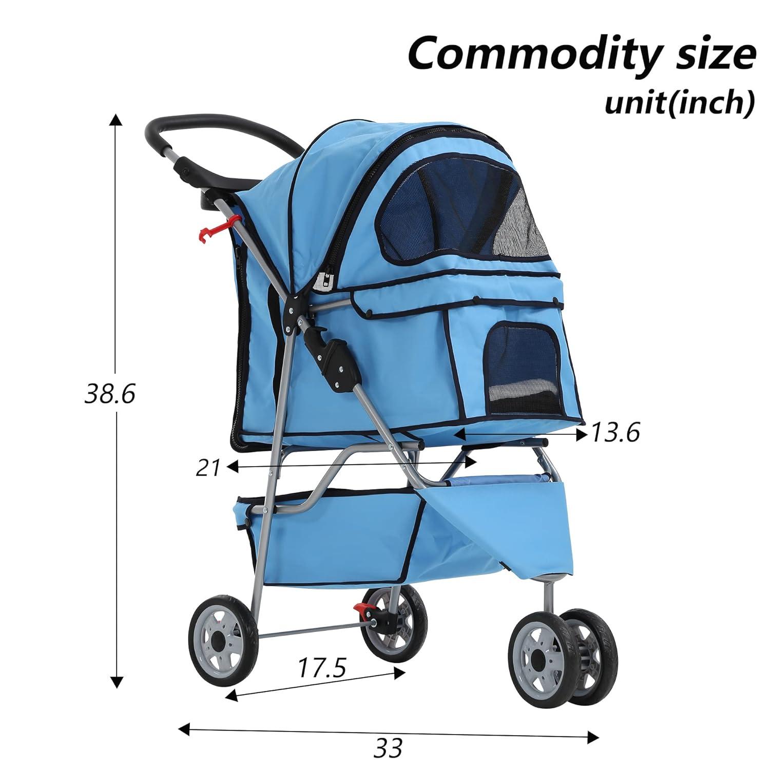 Blue 3-Wheel Travel Folding Pet Stroller with Storage Basket