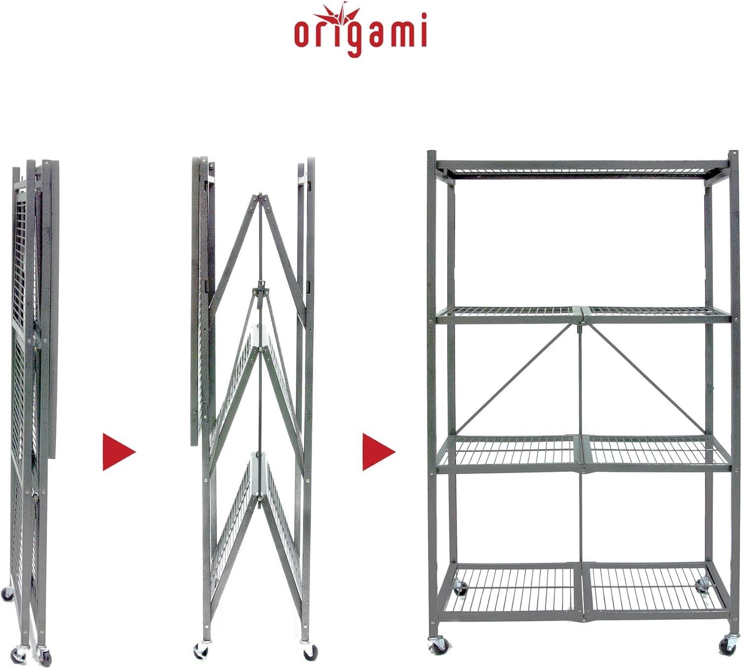 Origami General Purpose Foldable Shelf Storage Rack with Wheels for Home, Garage, or Office, Pewter