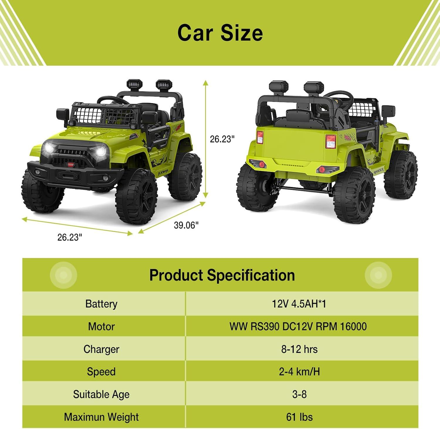 Ride on Truck Car 12V Kids Electric Vehicles with Remote Control Spring Suspension, LED Lights, Bluetooth, 2 Speeds