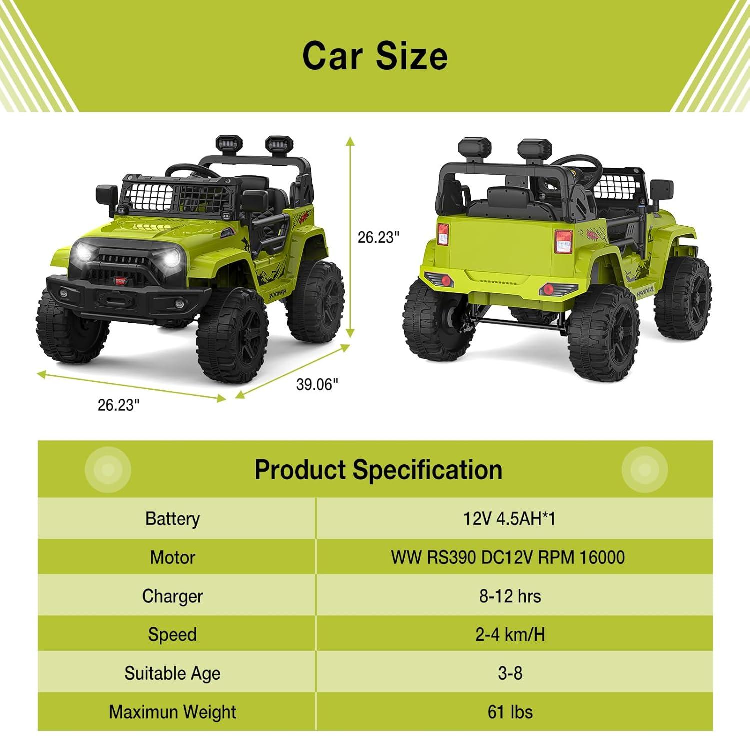 Ride on Truck Car 12V Kids Electric Vehicles with Remote Control Spring Suspension, LED Lights, Bluetooth, 2 Speeds