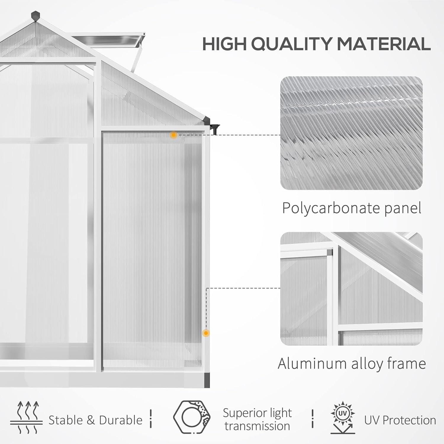 Outsunny Walk-In Polycarbonate Greenhouse with Roof Vent for Ventilation & Rain Gutter, Hobby Greenhouse for Winter