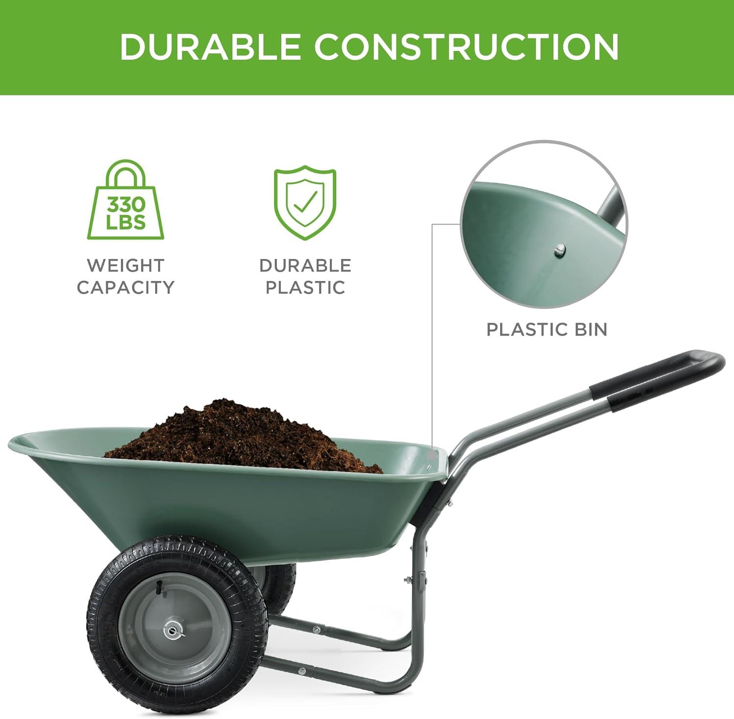 Best Choice Products Dual-Wheel Home Wheelbarrow Yard Garden Cart for Lawn, Construction - Seafoam