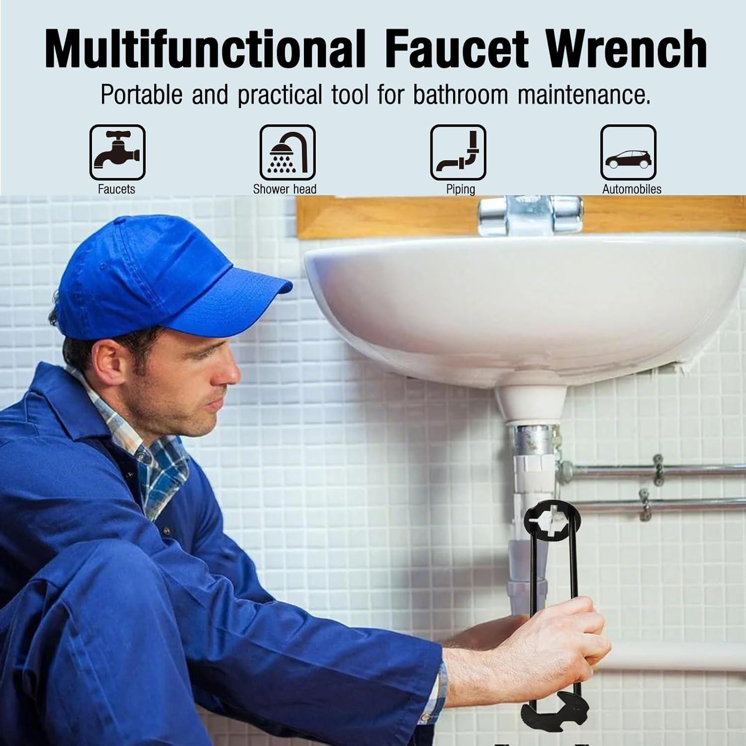 2pcs Basin Wrench Multifunctional Sink Wrench 7 Sizes Faucet Tool Four-jaw Hex Spanner Universal Plumbers Tool for Tight Spaces Kitchen Bathroom Home