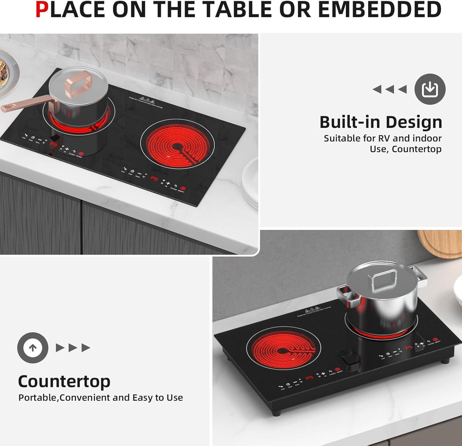 2400w Electric Cooktop, 24" Electric Stove 2 Burner Hot Plate Built-in Double Burner Cooktop with LED Touch Screen,9 Heating 9 Temperature,Kids Lock & Timer,Suitable for all Pans