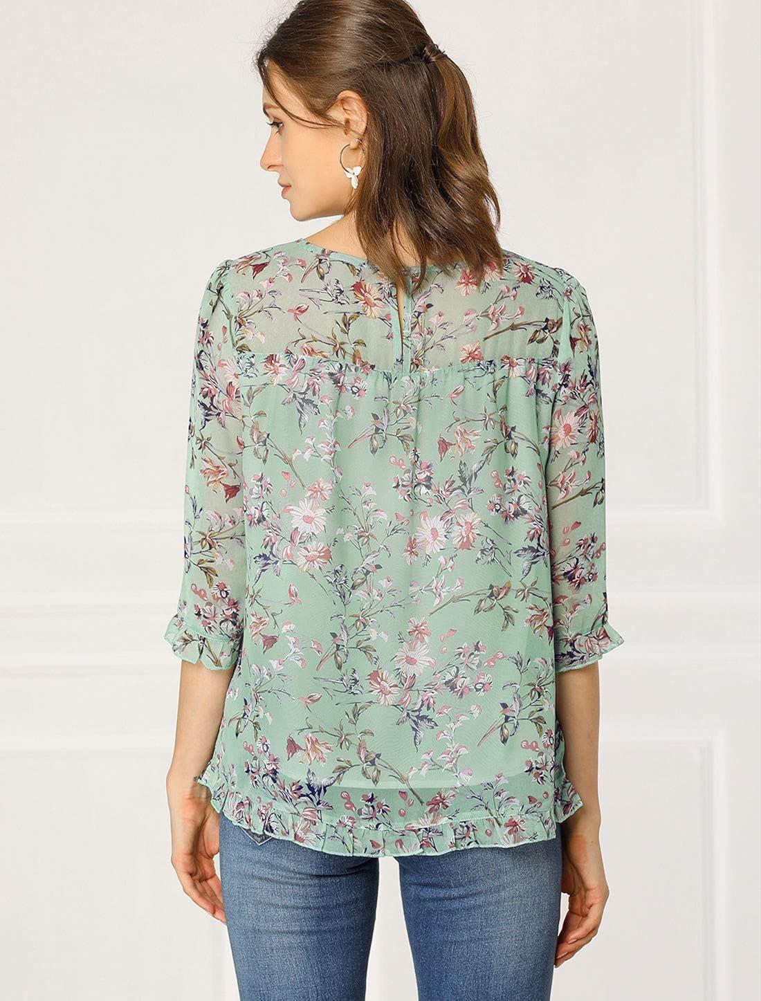 INSPIRE CHIC Women's 3/4 Sleeves Floral Chiffon Ruffle Hem Summer Shirt Blouses Tops XS Green