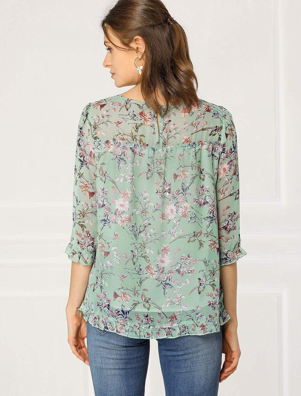 INSPIRE CHIC Women's 3/4 Sleeves Floral Chiffon Ruffle Hem Summer Shirt Blouses Tops XS Green