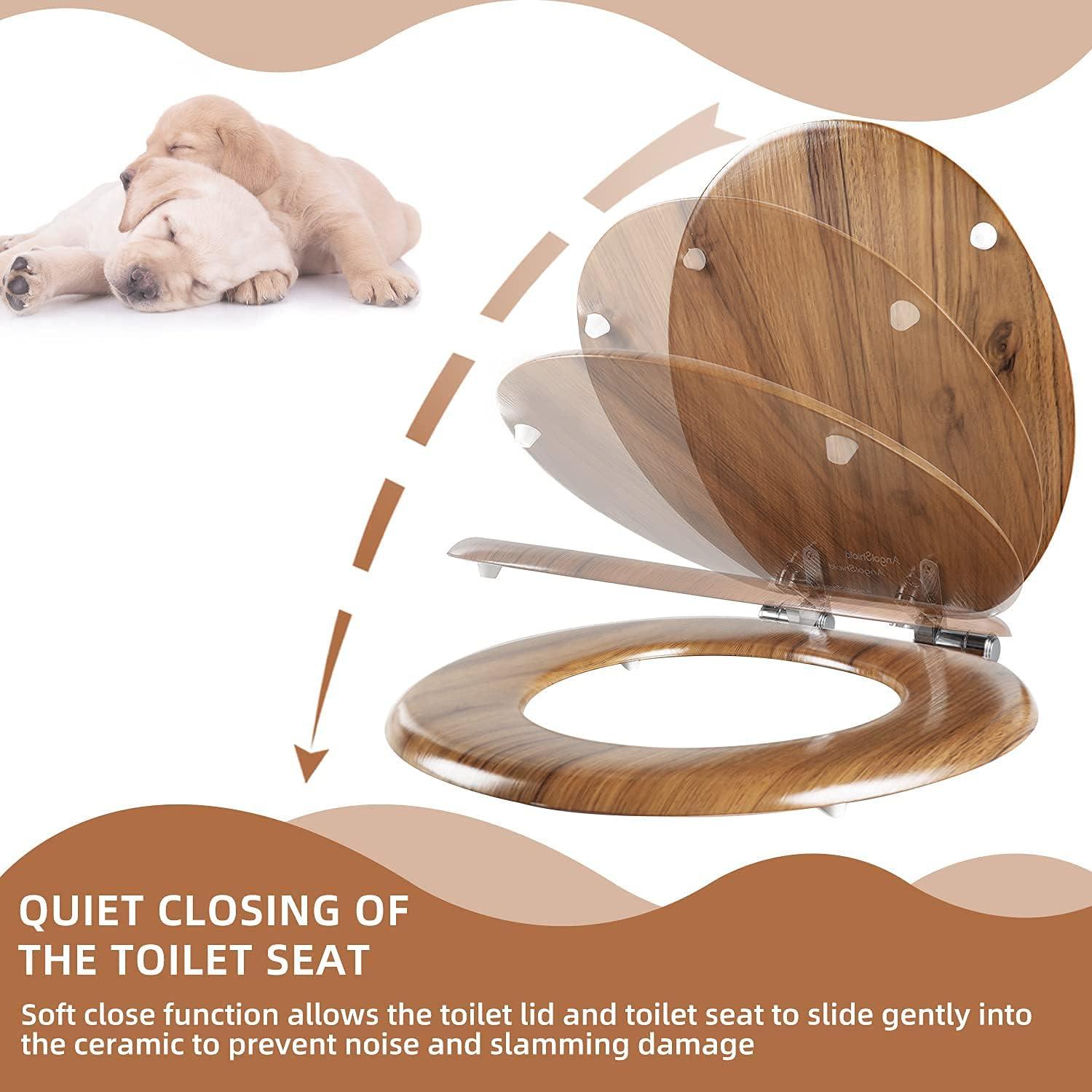 Round Natural Wood Toilet Seat with Slow Close Hinges