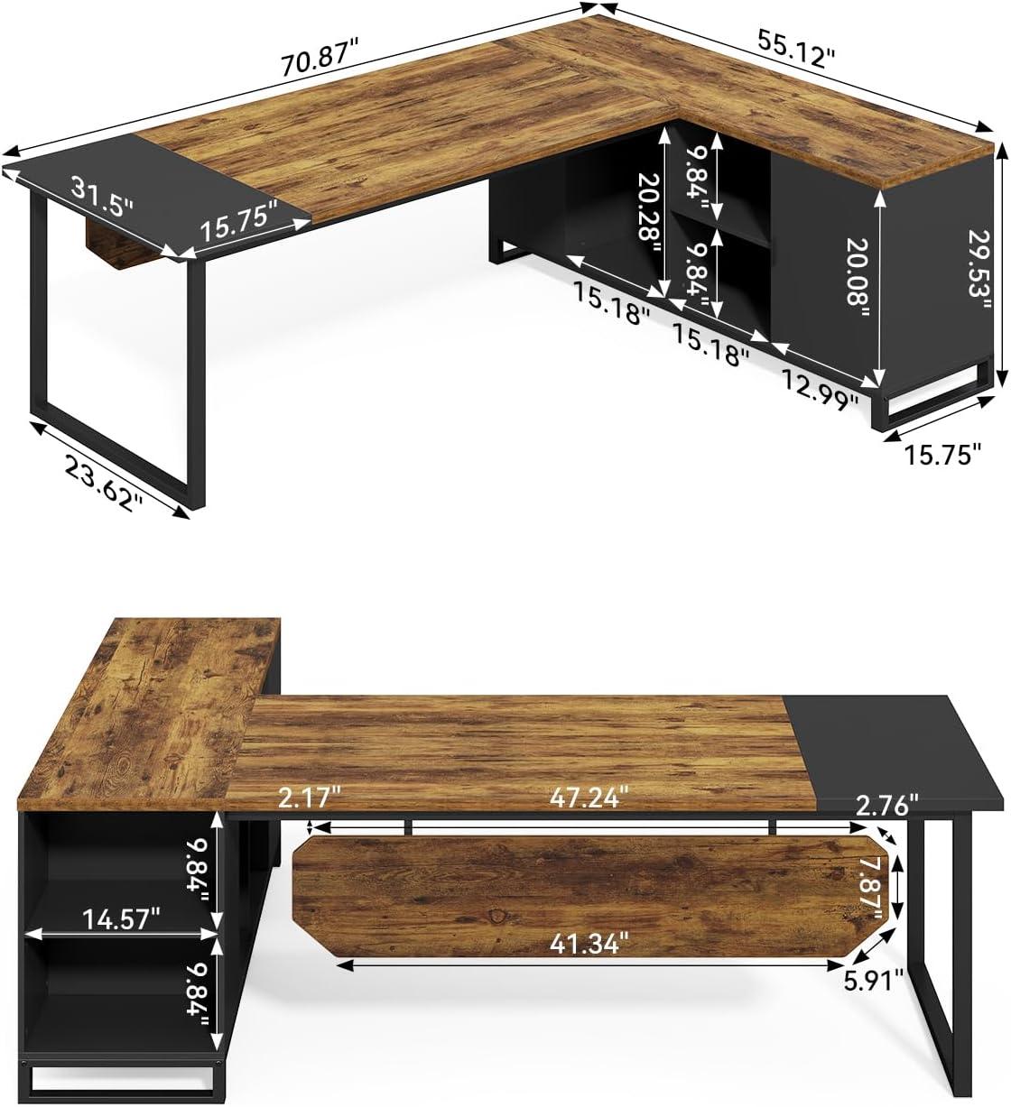 LITTLE TREE 70.8 Inches Executive Desk and 55 Inches File Cabinet Combo, Large L Shaped Computer Desk with Storage Cabinet and Shelves, Modern Business Furniture for Home Office, Rustic Brown & Black