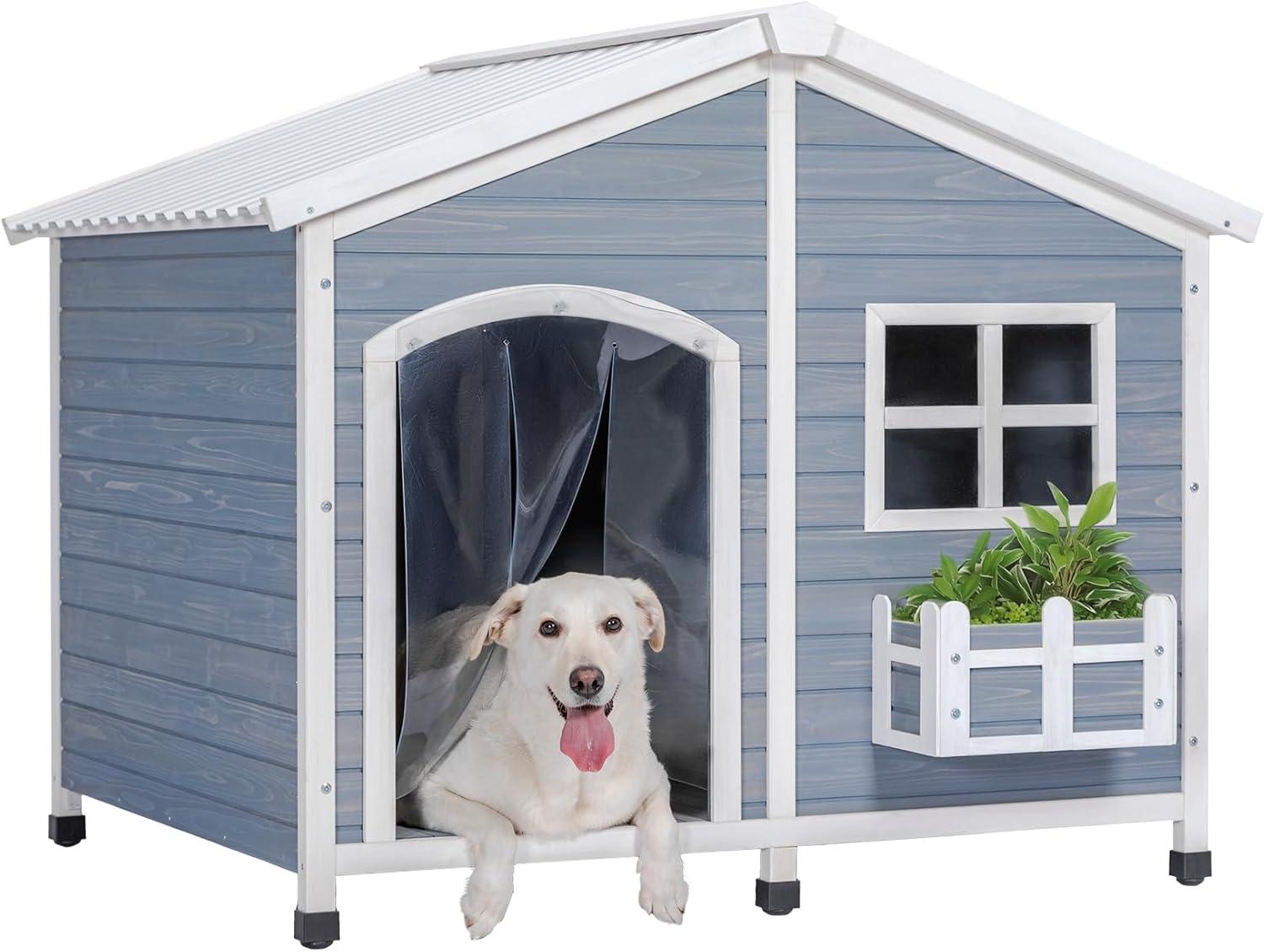 Petsfit 47" Dog House Outdoor with Waterproof PVC Roof, Extra Large Dog House for 2 Medium Dogs, Dog House Outdoor Large Breed, XXL Dog Houses with Window, Gray