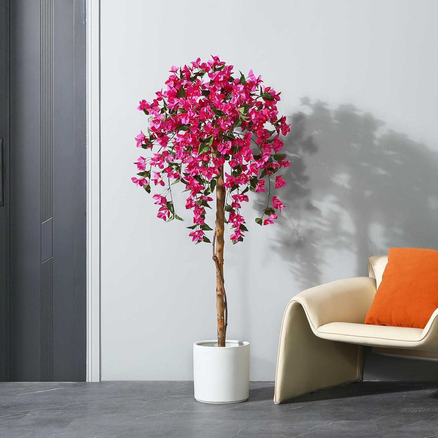 5FT Artificial Bougainvillea Tree Potted Fake Plant with Wood Trunk and Pink Flowers for Indoor Office Wedding Home Decor