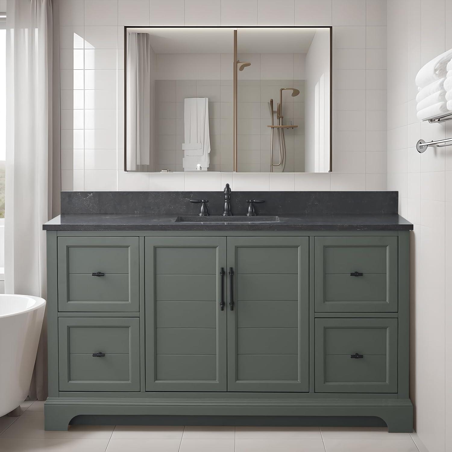 Vanity Art 60 Inch Single Sink Bathroom Vanity with Ceramic Sink and Stone Top | Undermount Rectangular Sink Cabinet Soft Closing Doors, Dovetailed Drawers, No Mirror VA5060-SVG