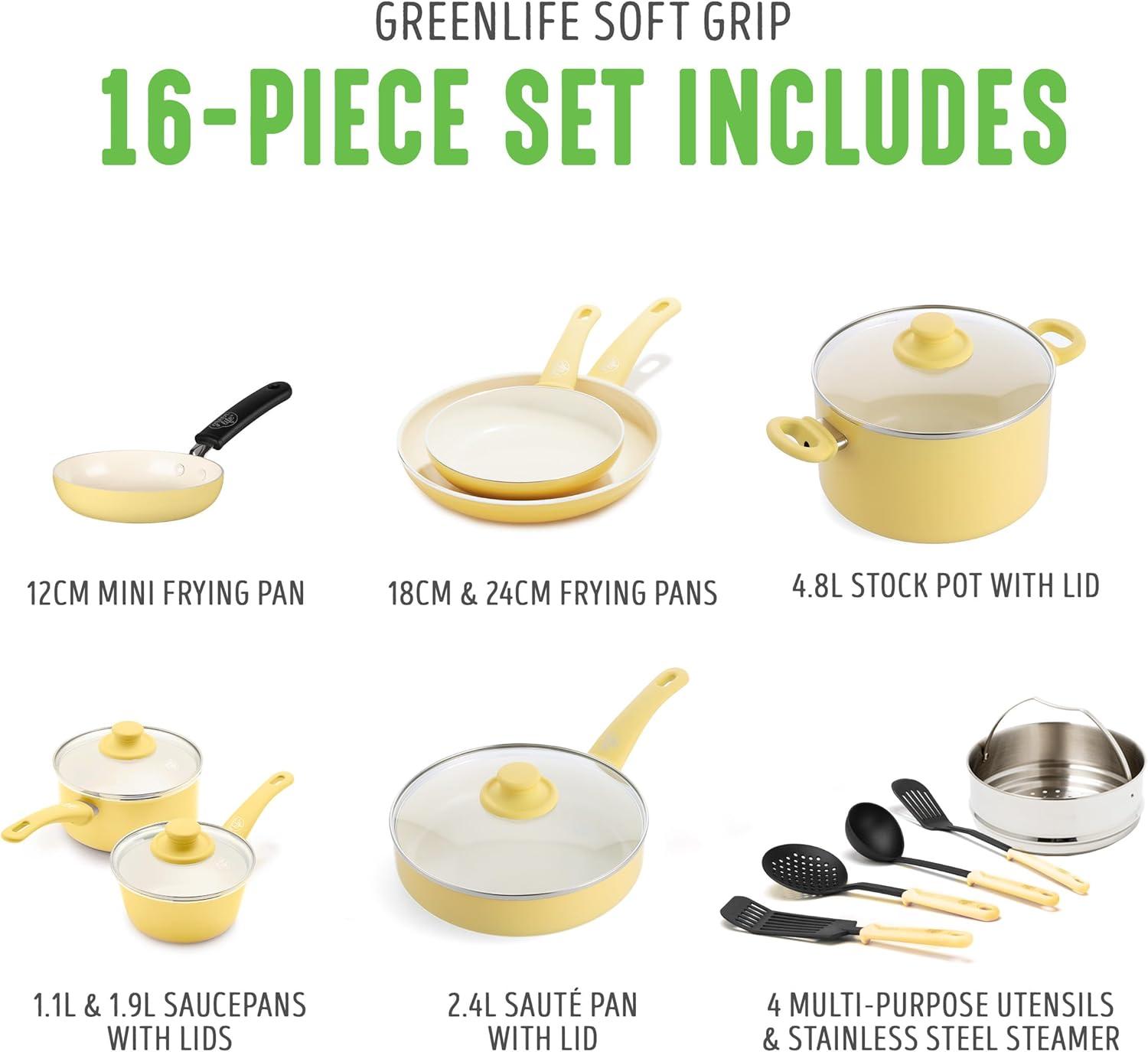 GreenLife Soft Grip Healthy Ceramic Nonstick Yellow Cookware Pots and Pans Set, 16-Piece