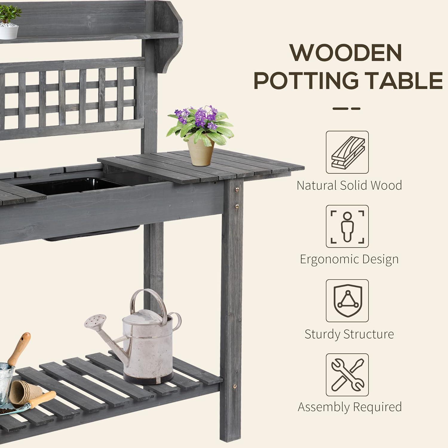 Outsunny 39'' Wooden Garden Potting Bench Work Table with Hidden Storage, Sliding Tabletop, Below Clapboard, Upper Shelf, Gray