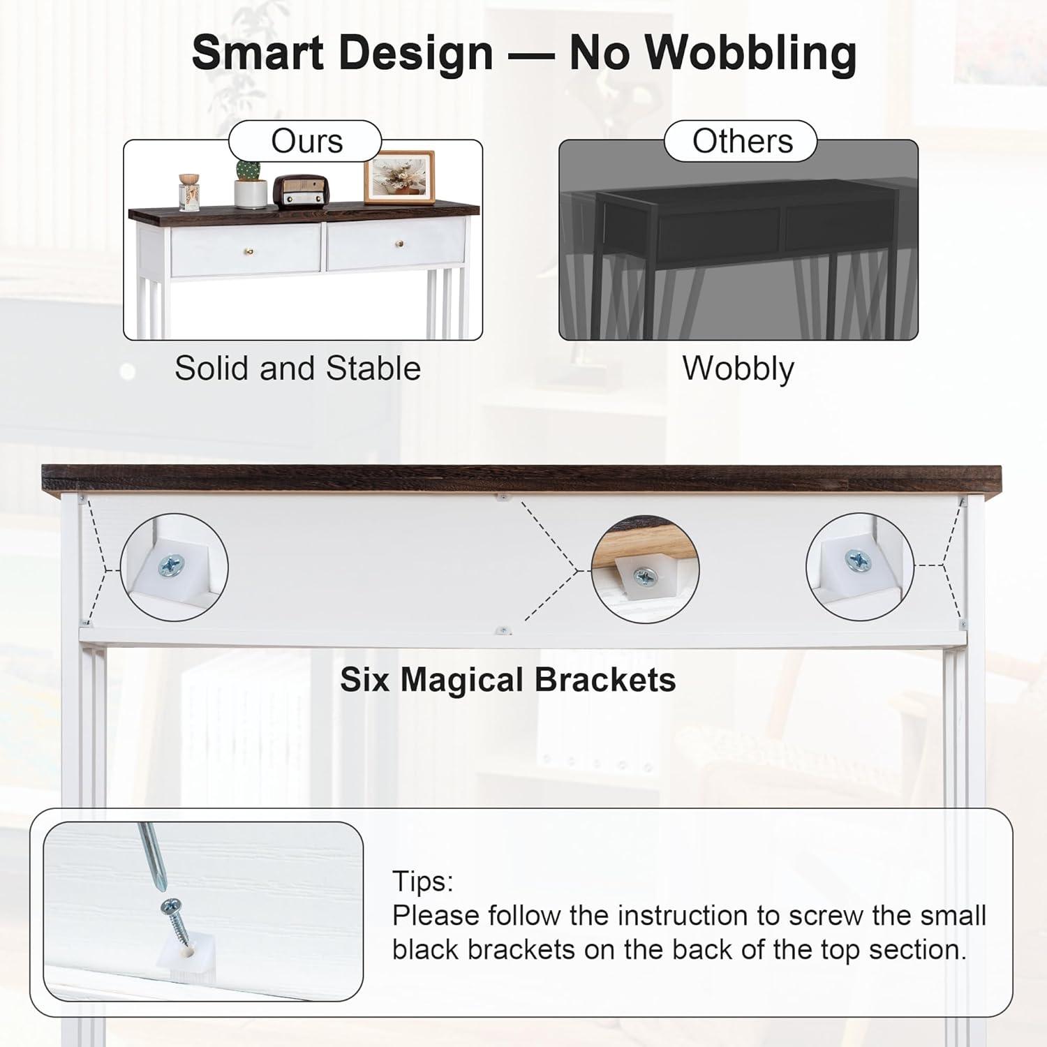 Console Table with 2 Fabric Drawers, 42" Solid Wood Entryway Table with Shelves, Storage Sofa Table for Entryway, Hallway, Living Room, Kitchen or Behind Couch in Foyer, White