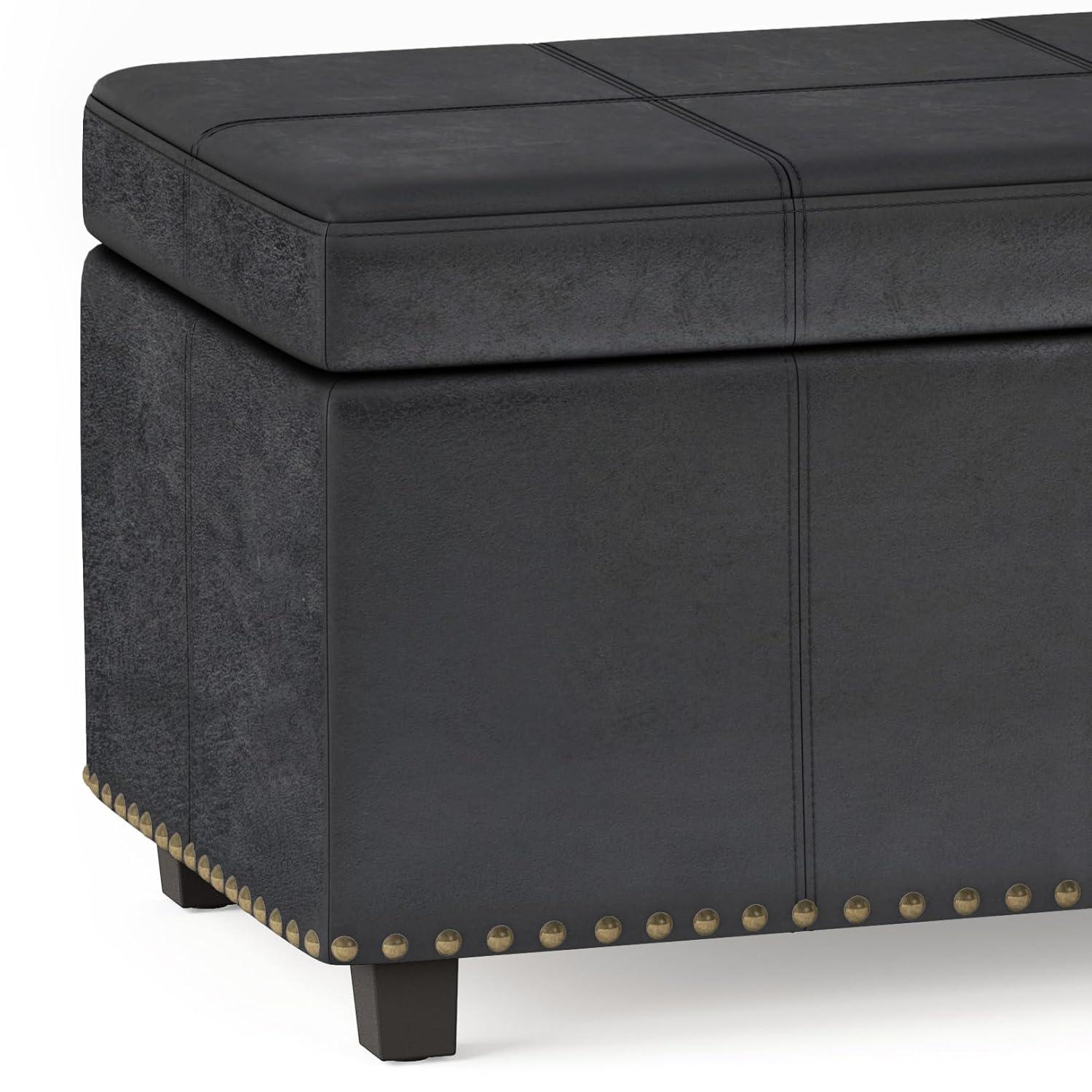 Simpli Home Kingsley 48"W Upholstered Storage Ottoman with Lift-Top Lid, Nailhead Trim, and Stitching Detail