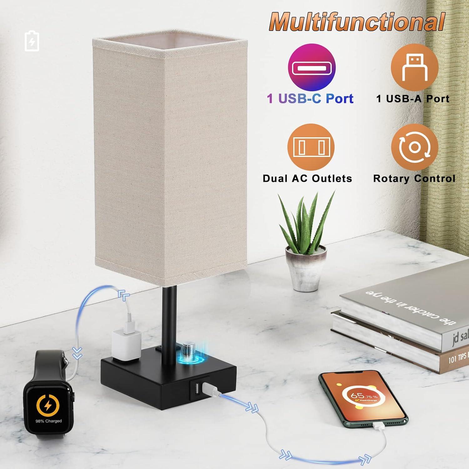 Black Fully Dimmable Nightstand Lamps with USB and AC Outlets