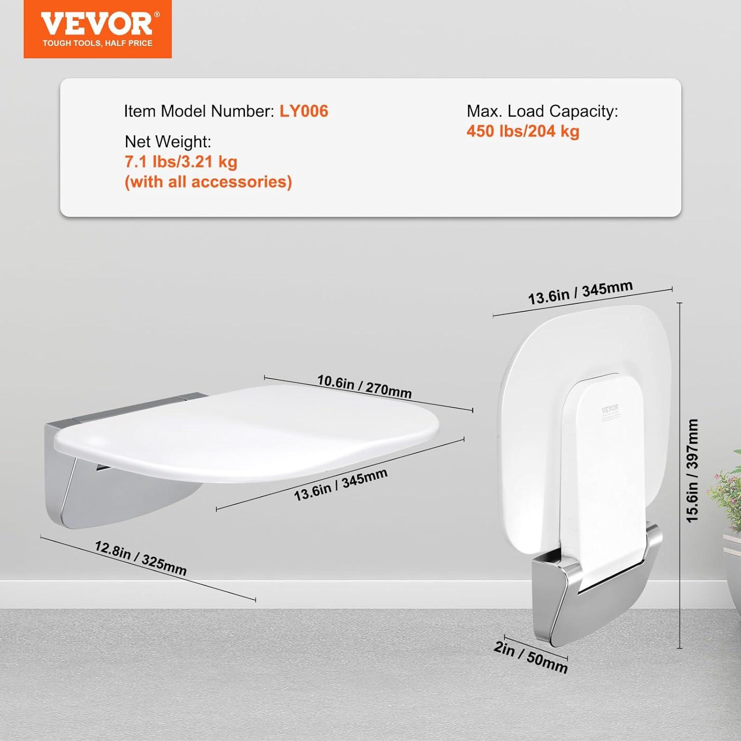 VEVOR Urea-Formaldehyde Folding Shower Seat, 13.6'' x 12.8'' Unfolded, Wall Mounted Fold Up Shower Bench with 450 lbs Load Capacity, Space Saving Fold Down Shower Chair for Seniors Children Adults