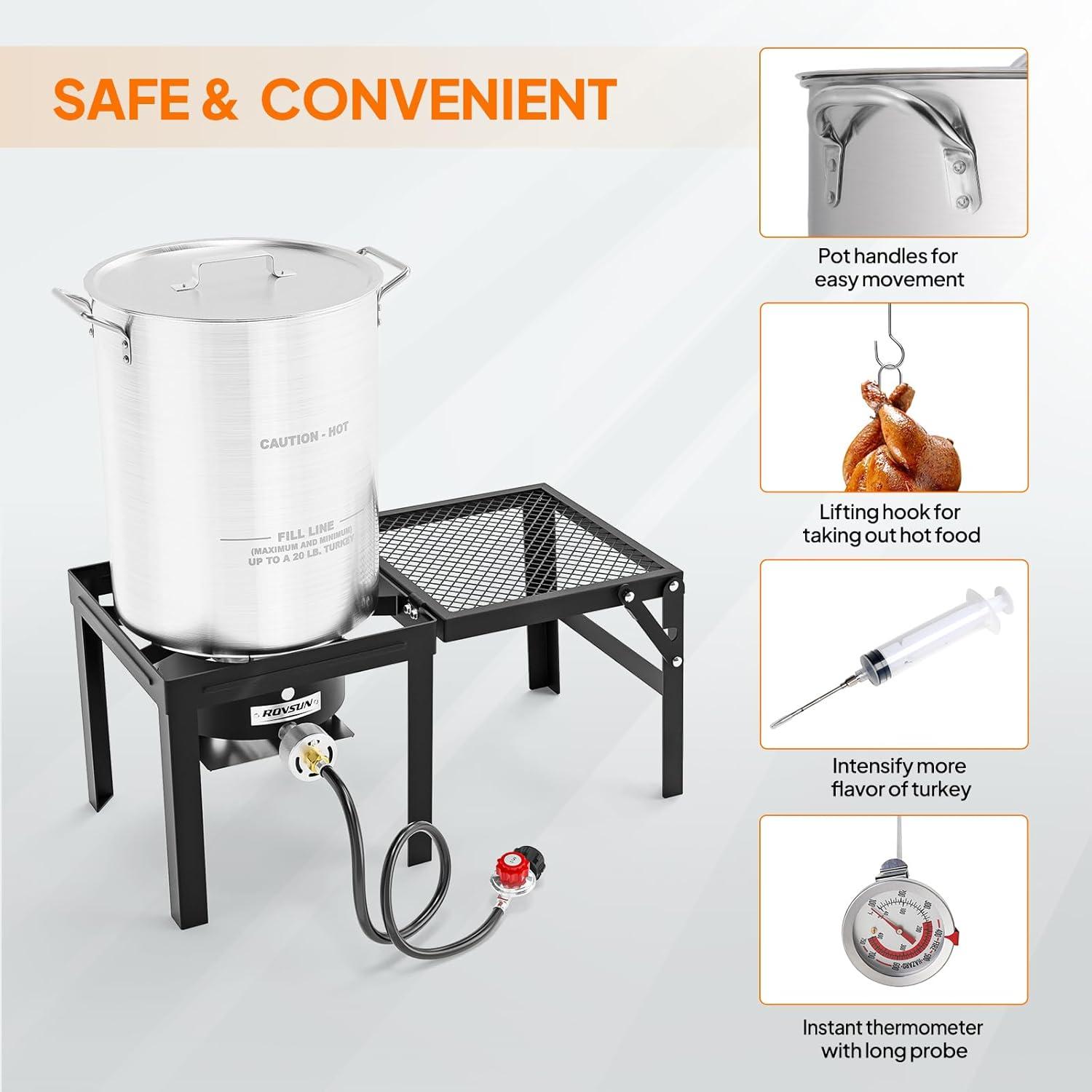 ROVSUN 30QT Turkey Fryer & 10QT Fish Fryer with 55000BTU Propane Burner, Outdoor Deep Fryer & Seafood Crawfish Boiler Steamer Pot with Thermometer, Marinade Injector, Turkey Rack & Rack Lifter