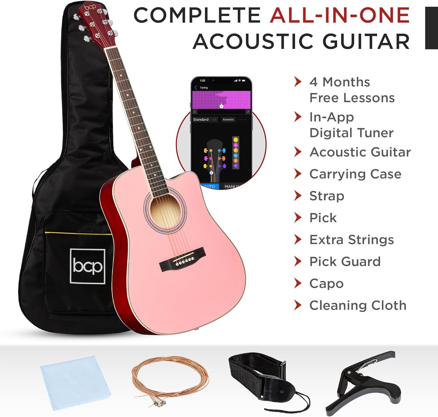 Best Choice Products 41in Full Size Beginner Acoustic Guitar Set with Case, Strap, Capo, Strings - Pink
