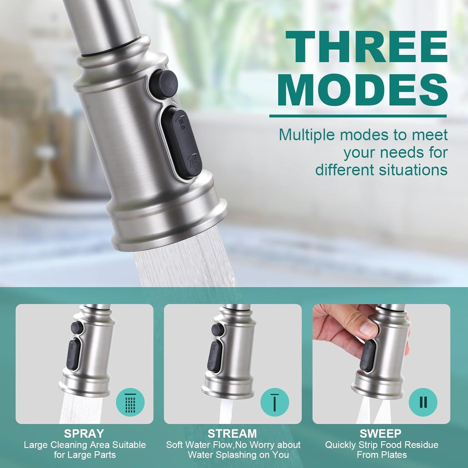 Brushed Nickel Bridge Kitchen Faucet: 3 Holes Kitchen Faucet with Pull Down Sprayer - Two Handles 8 Inch Centerset Kitchen Sink Faucet, 360° Swivel Spout