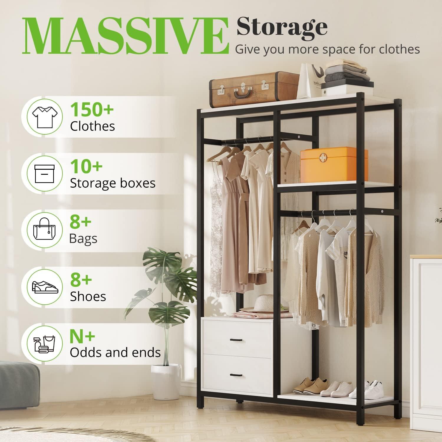 HOKEEPER 650lbs Freestanding Closet Organizer with Drawers and Shelves Heavy Duty Metal Wardrobe Closet Storage Shelves for Hanging Clothes Clothing Garment Rack Closet with Shelves for Bedroom White