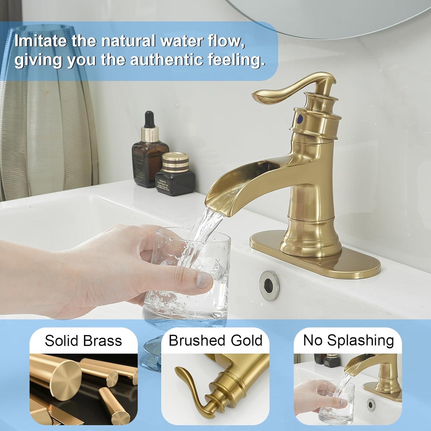 Brushed Gold Waterfall Single Handle Bathroom Faucet