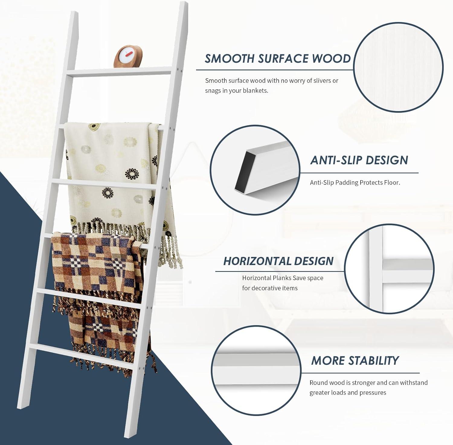 Latitude Run® Wood Blanket Ladder, 57.5'' Rustic Towel Quilt Throw Blanket Ladders For The Living Room, Bedroom, Nursery Stand Holder, Wooden Decorative Ladder For Blankets Rack Farmhouse Home Decor, White