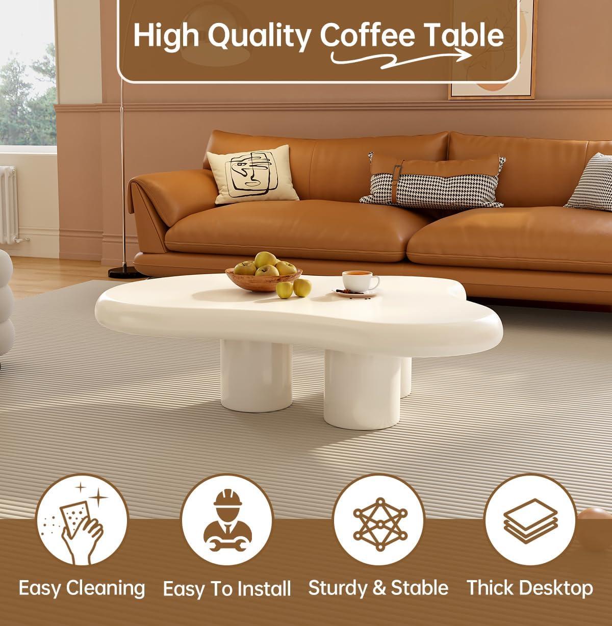 Guyii 41.02" Cream White Cloud Coffee Table, Irregular Coffee Table with 3 Legs for Living Room, Office