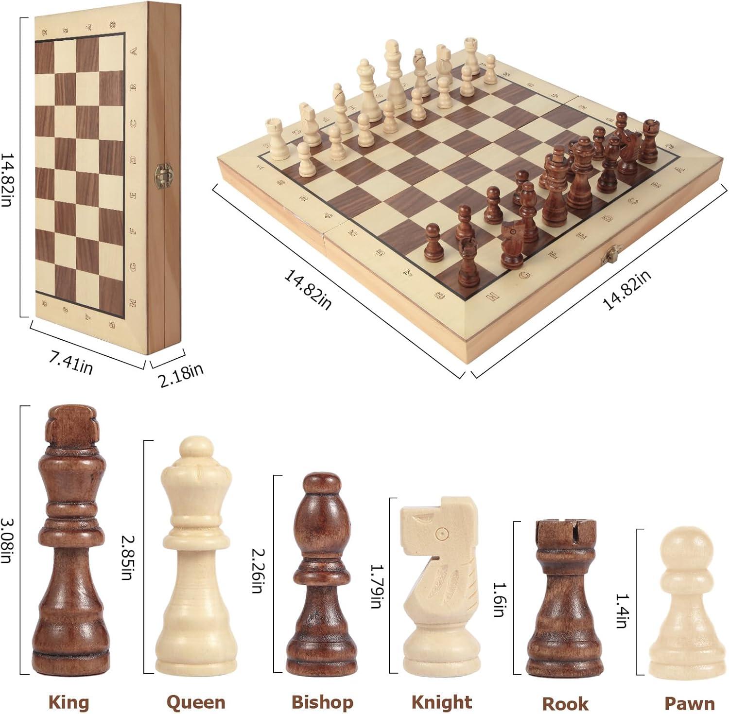 15" Folding Wooden Chess Set with Hand-Carved Pieces