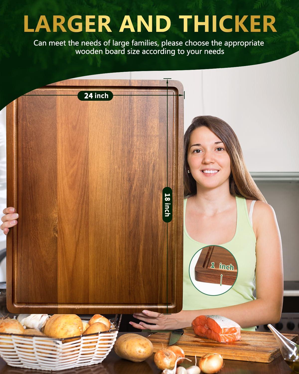 Extra Large Wood Cutting Board 24 x 18 inch, Thick Butcher Block, Reversible Wooden Kitchen Block with Side Handles and Juice Grooves