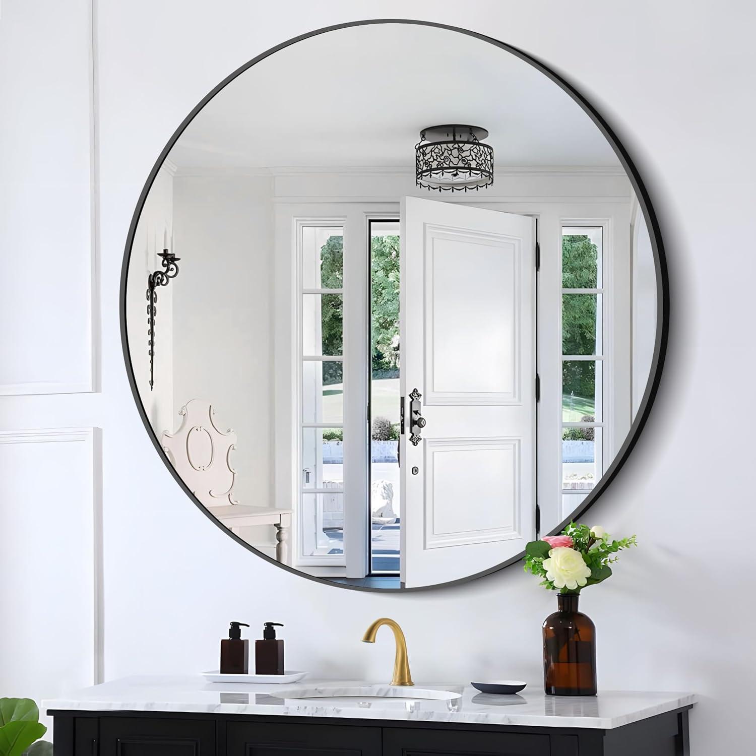 Large Black Round Aluminum Frame Wall Mirror